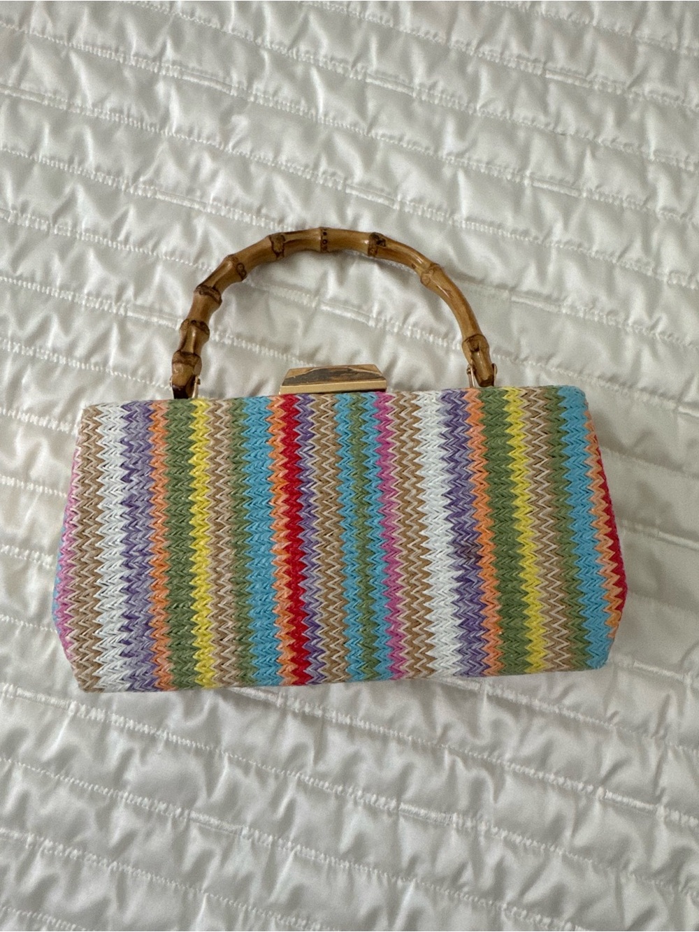 Colorful Woven Stripe Clutch with Bamboo Handle